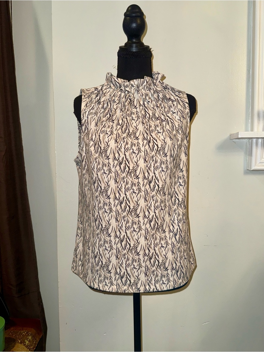 Ann Taylor Black and Cream Printed Ruffle-Neck Sleeveless Camisole